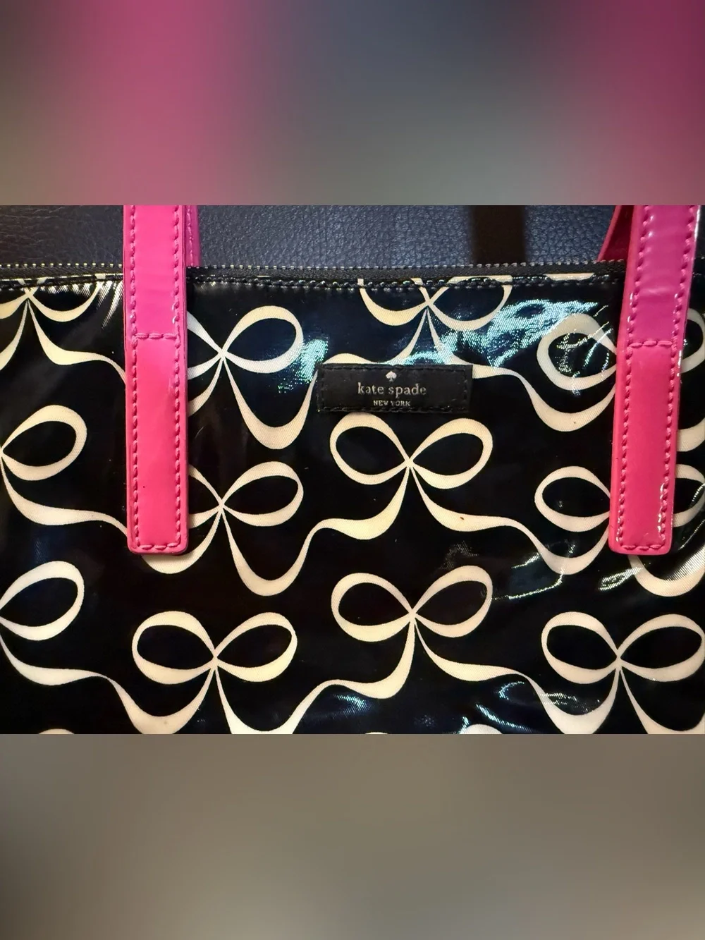kate spade Black Tote with Cream Bow Print and Pink Handles